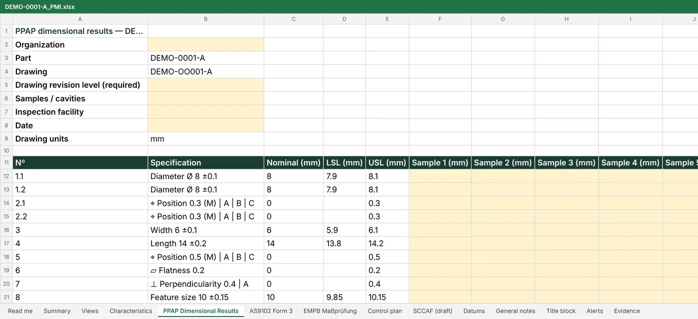 PPAP dimensional results: nominal and limits filled in; only measuring is left.