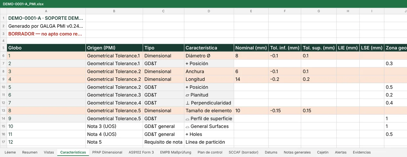 Lista de características en Excel, con nominal, tolerancias y origen de cada dato.